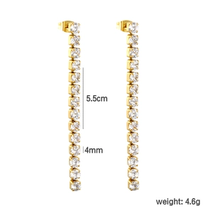 Detailed view of long gold tassel earrings with clear zircon measuring 5.5cm in length