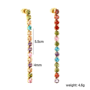 Rainbow cubic zirconia tassel earrings detail with 5.5cm length and 4mm gem width measurement
