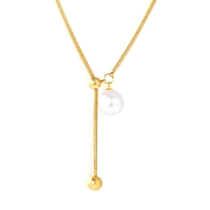 Minimalist stainless steel gold snake chain necklace with pearl pendant and tassel Y-shape