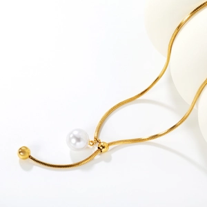 Adjustable gold snake chain necklace with a lustrous white pearl pendant for women
