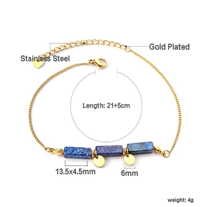 Detailed view of gold plated stainless steel anklet with blue marbled stone beads