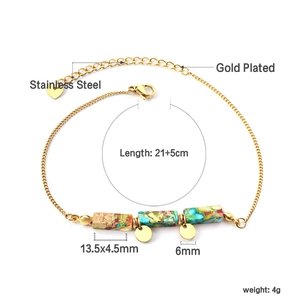 Detail of gold plated stainless steel anklet with colorful jasper beads and dimensions