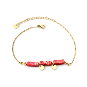 Vintage gold stainless steel anklet with rectangular red stones and heart pendant