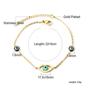 Detail showing dimensions and 22+5cm length of gold plated evil eye stainless steel anklet