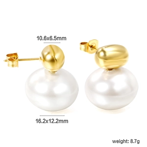 French style gold irregular oval earrings with large white round pearls for women