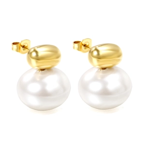 Elegant gold drop earrings with oval metal studs and large round white pearls