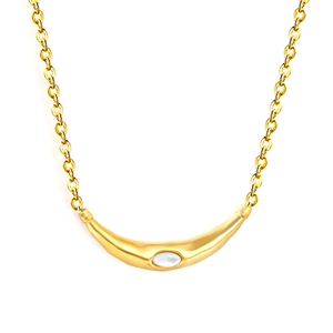 Minimalist gold chain necklace with curved smile pendant and white cat eye stone center