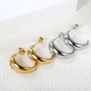 C-Shaped Stud Earrings Stainless Steel 18K Gold Plated Heart Cubic Zirconia Geometric Minimalist Jewelry For Women