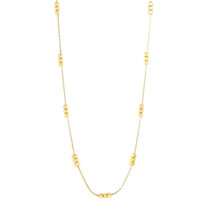 Minimalist gold square bead necklace with a delicate stainless steel chain on white background