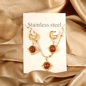 Parure Bijoux Femme Acier Inoxydable Collier Pendentif Et Boucles Oreilles Pierre De Sable Doré Ronde Vintage