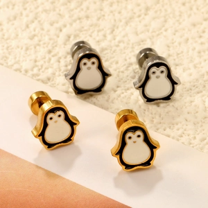 Cute Penguin Stud Earrings Stainless Steel Enamel Animal Cartoon Shape Screw Back Anti Allergic Jewelry Kids Women