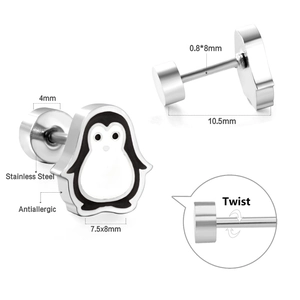 Detail view of penguin stainless steel stud earrings with dimensions and screw back info