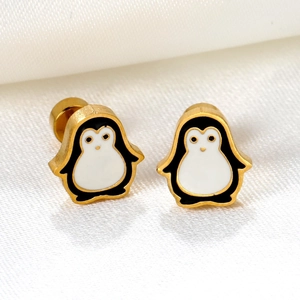 Cute penguin stud earrings in 18K gold-plated stainless steel with enamel patterns
