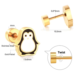 Detailed view of penguin stud earrings with measurements and gold-plated stainless steel specs