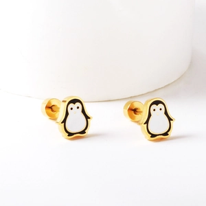 Cute 18K gold-plated stainless steel penguin stud earrings with black and white enamel