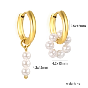 Asymmetric gold stainless steel pearl drop earrings with detailed size measurements