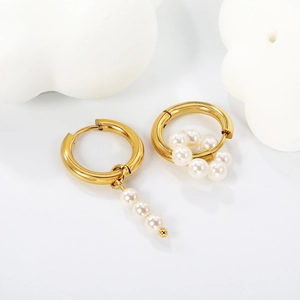 Asymmetric Artificial Pearl Hoop Earrings Stainless Steel Gold Plated Geometric French Luxury Style Jewelry For Women