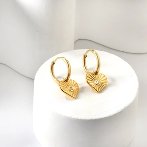 Boucles D'Oreilles Créoles Coeur Acier Inoxydable Plaqué Or Avec Texture Rayonnante Et Zircon Bijoux Mode