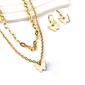 Golden double-layer butterfly necklace with shell inlay and matching hoop earrings set