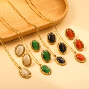 Vintage Stainless Steel Oval Cat Eye Stone Pendant Necklace And Earrings Elegant Retro Beaded Edge Plated For Women