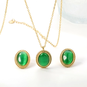 Minimalist stainless steel jewelry set with oval green cat-eye stone necklace and earrings