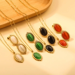 Gold oval cat eye stone necklace and earrings jewelry sets in four vibrant colors
