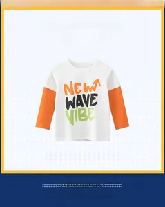 Detail of boys' faux two-piece long sleeve t-shirt with NEW WAVE VIBE print