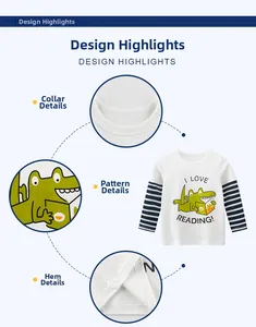 Détails du t-shirt enfant en coton à manches rayées avec imprimé crocodile mignon