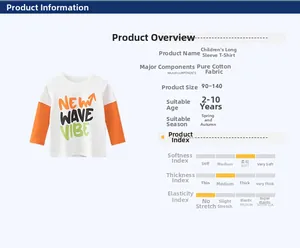 Detail of boys' cotton long sleeve T-shirt showing sizing chart and orange sleeves
