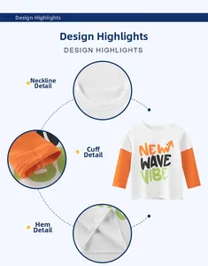Detail shots of stitching on boys' faux two-piece orange and white long sleeve t-shirt