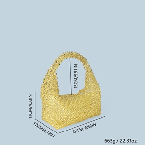 Detailed view of yellow crystal beaded handbag with dimensions 22x12x11cm and handle height