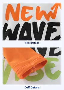 Detail of New Wave printed letters and ribbed orange cuffs on kids long sleeve t-shirt