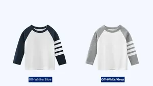 Détail de t-shirts enfants à manches raglan avec rayures classiques sur les manches