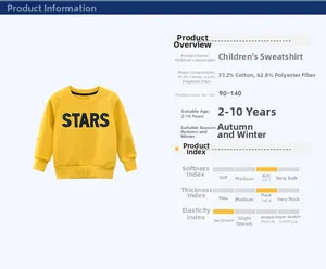 Detail of yellow kids sweatshirt showing 37.2% cotton fabric and STARS graphic print
