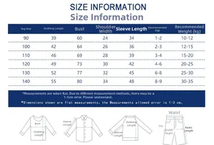 Detailed size chart for striped children sweatshirt showing length and bust measurements