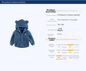 Close-up of blue hooded fleece jacket for kids featuring cute bear ear hood and bear badge