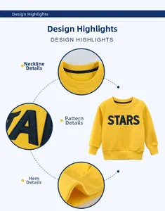 Detail shots of yellow kids sweatshirt showing neckline, STAR embroidery, and elastic hem