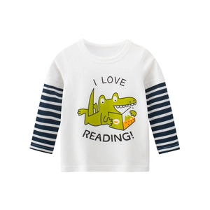 T-Shirt À Manches Longues Pour Garçons Pur Coton Manches Rayées Motif Crocodile I Love Reading Hauts D'Automne