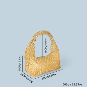 Detailed view of amber beaded tote with dimensions and weight for woven Boston bag