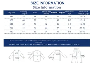Detailed size guide for children's fleece jacket showing measurements for ages 1-8 years