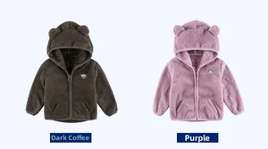 Detail of fleece hoodies in brown and purple with cute 3D bear ears and embroidery