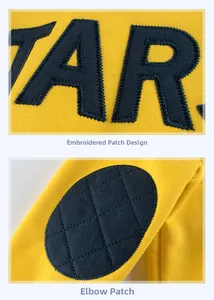 Detail of yellow sweatshirt featuring navy blue TAR appliqué and quilted elbow patches