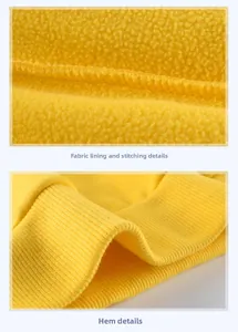 Detail of yellow fleece lining with stitching and ribbed hem on children sweatshirt