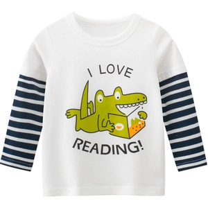 T-shirt en coton pour enfant à manches longues rayées bleues avec motif crocodile