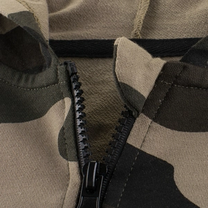 Kids woodland camouflage hooded jacket featuring a black zipper and cotton knit texture