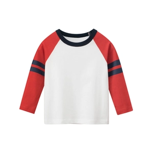 Maglietta per bambini a maniche lunghe raglan bianca e rossa con strisce blu sportive