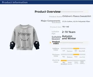 Detail view of grey fleece sweatshirt with Monster print and size chart for 2-10 years