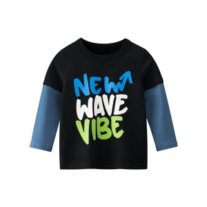 Boys fake two-piece long sleeve T-shirt with New Wave Vibe graphic in black and blue