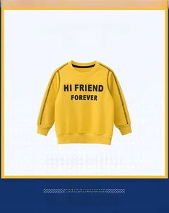 Detail of yellow kids sweatshirt with Hi Friend Forever print and contrast black neck