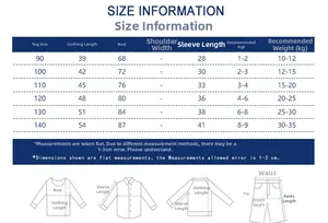 Detailed kids size chart for sweaters showing length, chest, and sleeve measurements